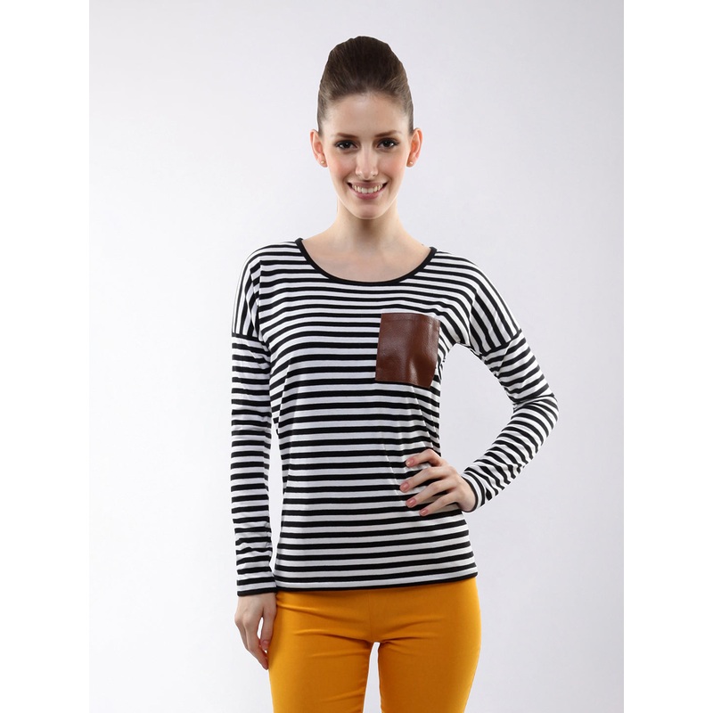 Women’s Black and White Round Neck Full Sleeves Striped Top XS Black and White