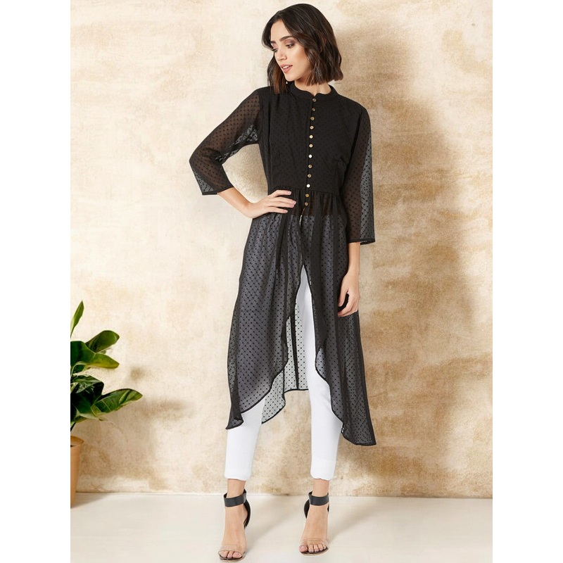 Women’s Black Mandarin Collar 3/4 Sleeves Solid Front-Open Maxi Top XS Black