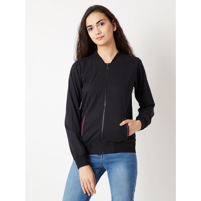 Women’s Black Round Neck Full Sleeve Cotton Solid Multicolored Twill Tape Detailing Bomber Jacket XS Black