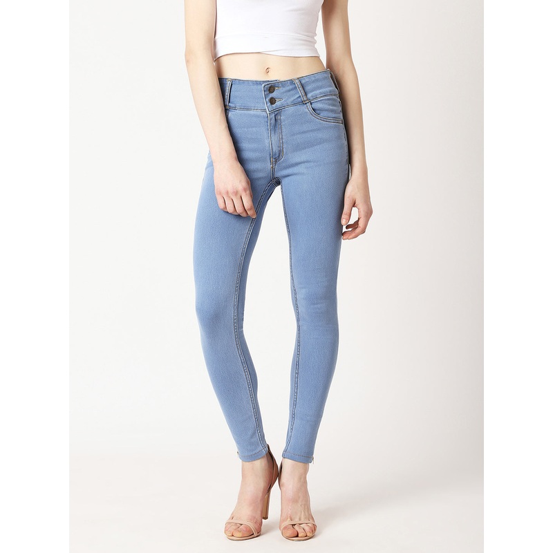 Women’s Blue Skinny High-Rise Broad Waist Band Zipper Detailing Denim Jeans 26 Blue