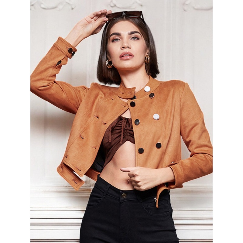 Women’s Burnt Orange Mandarin Collar Full-Sleeve Solid Double Breasted Cropped Polyester Jacket XS Orange
