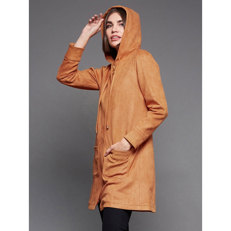 Women’s Burnt Orange Solid Hooded Neck Full Sleeves Casual Winter Wear Polyester High Low Longline Jacket XS Orange