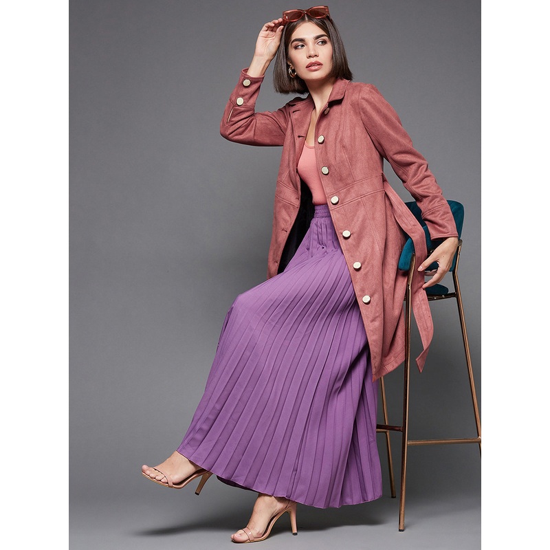 Women’s Dark Peach Shirt Collar Full Sleeves Side Pocketed Polyester Button Down Longline Winter Wear Blazer Jacket XS Peach