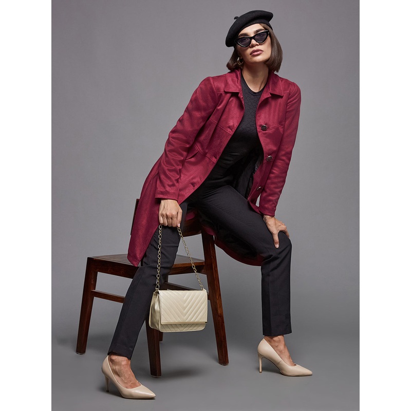 Women’s Dark Red Shirt Collar Full-Sleeve Solid Knee-Long Winter Jacket XS Red