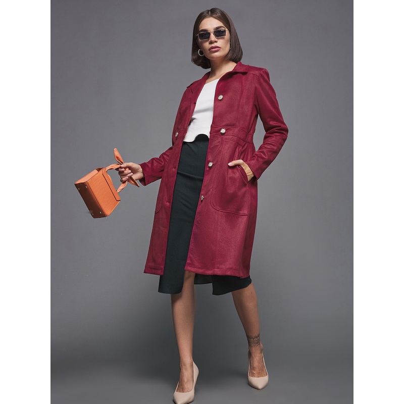 Women’s Dark Red Solid Shirt Collar Full Sleeves Patched Pocketed Polyester Button Down Longline Blazer Jacket XS Dark Red