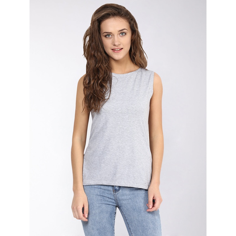 Women’s Grey and Black Round Neck Sleeveless Solid Basic Top XS Grey And Black