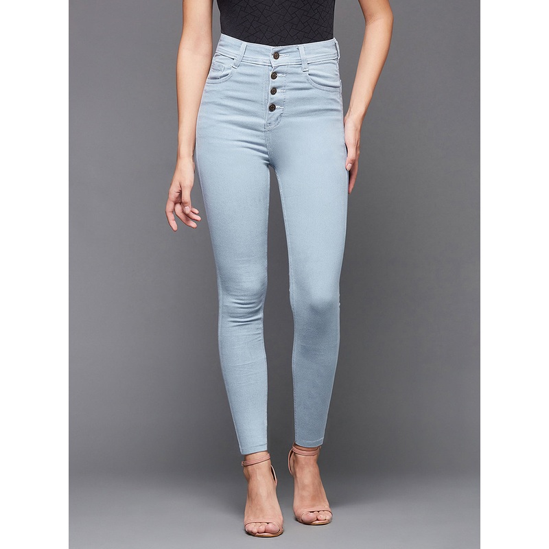 Women’s Light Blue Skinny High-Rise Distressed Ice-Wash Denim Jeans 26 Blue