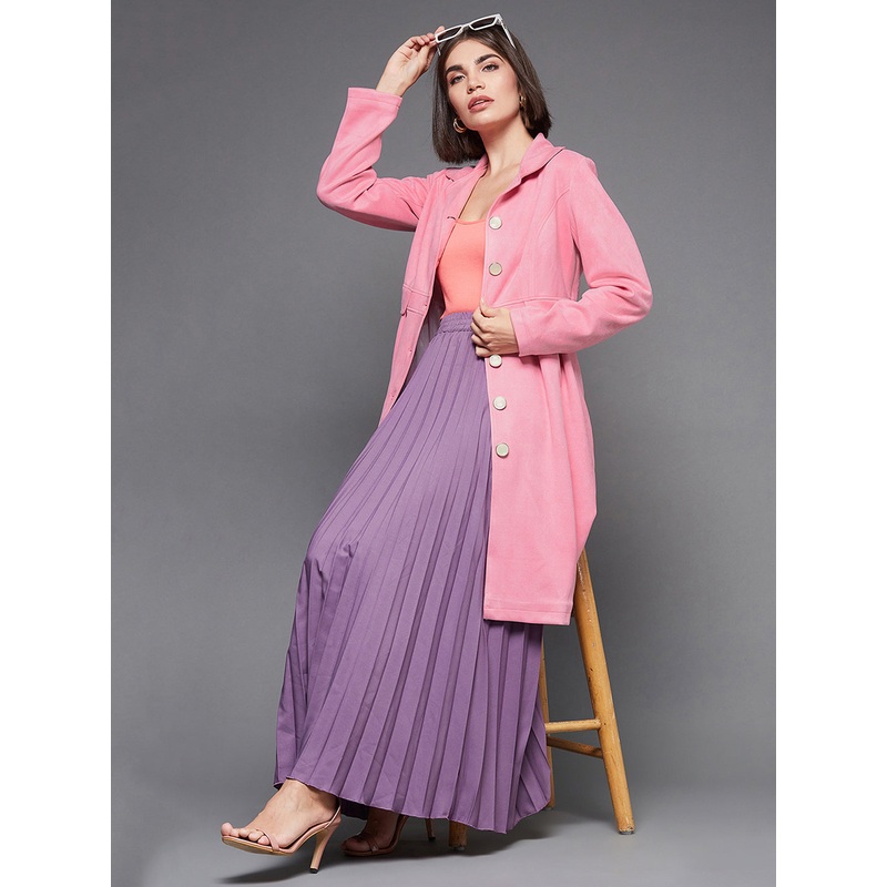 Women’s Light Pink Notch Full-Sleeve Solid Longline Flared Knee-Long Polyester Jacket XS Pink