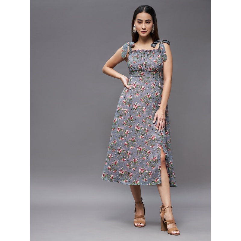 Women’s Multicolored Base-Grey Shoulder Tie-Up Sleeveless Floral Georgette Midi Dress XS Grey