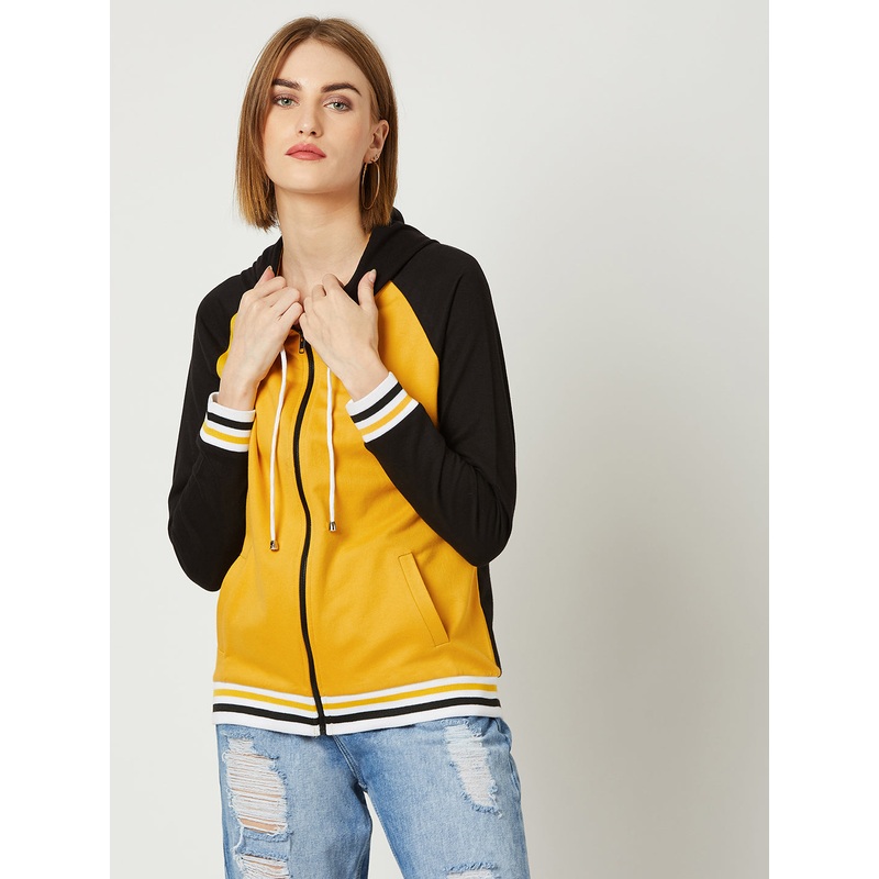 Women’s Multicolored- Base- Mustard Yellow Hooded Full Sleeves Loop knit, Rib Solid Color-Block/Raglan Regular Length Jacket XS Multicolor-Base Mustard Yellow
