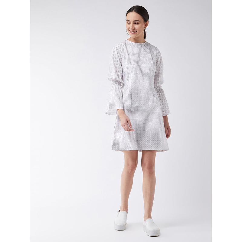 Women’s Multicolored with Base White Round Neck Full Sleeve Cotton Geometric Print Smocked Detailing Knee-Long Dress XS Multicolored- Base- White