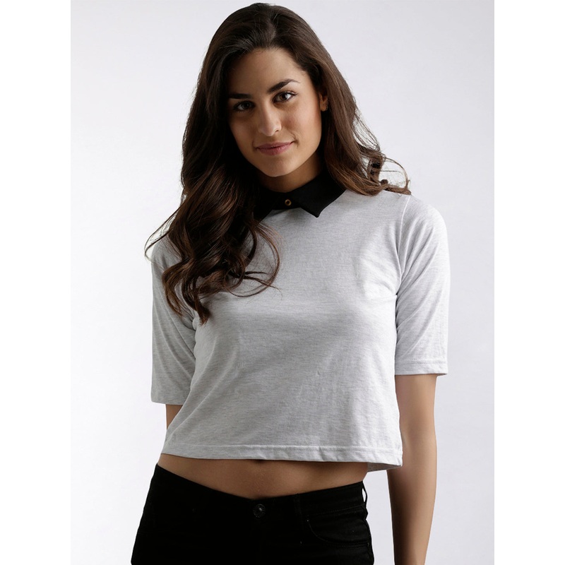 Women’s Off-White and Black Collar Neck Half Sleeve Cotton Solid Boxy Buttoned Crop Top XS Off-White and Black