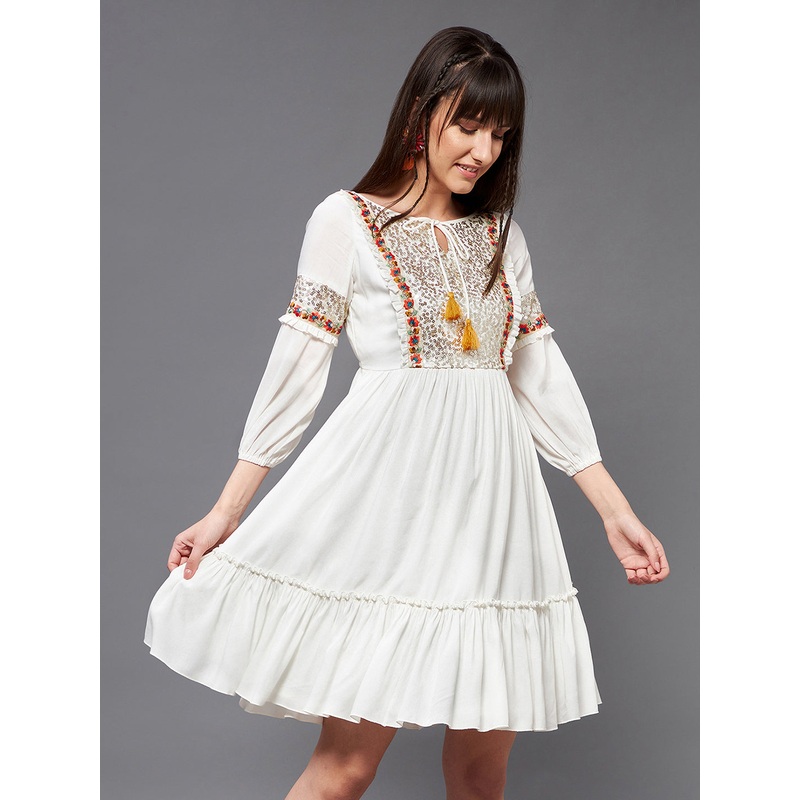 Women’s Off-White Boat neck Bishop Sleeve Viscose Rayon Embellished Gathered Midi Dress XS Off-White