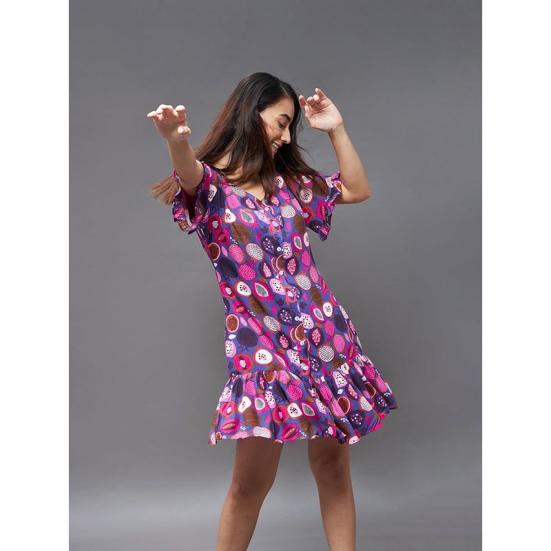 Women’s Purple V Neck Short Sleeve Printed Ruffled Hem Knee-Long Shift Dress XS Purple