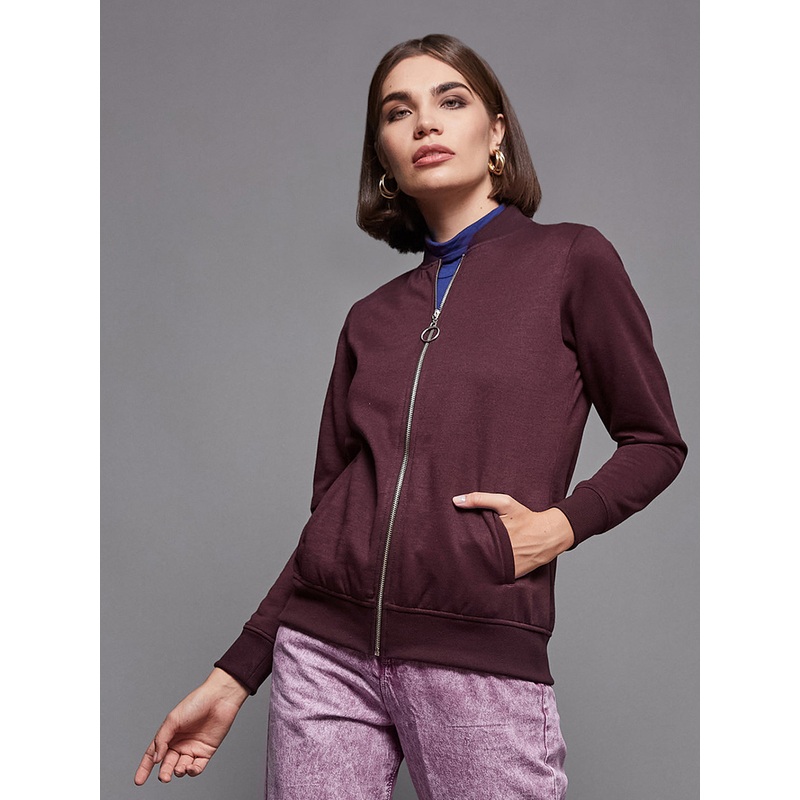 Women’s Wine Round Neck Full Sleeve Polyester Solid Ring Puller Detailing Zippered Bomber Jacket XS Wine