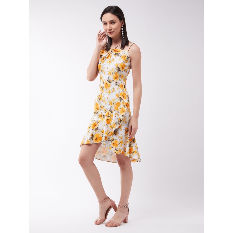 Crease Ease Women’s Multicolored Floral Printed Relaxed Fit V-Neck Sleeveless Ruffled Midi Dress XS Multicolored-Base-Off White