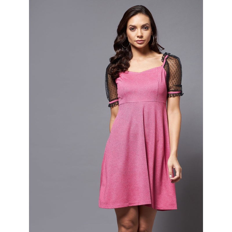 Crease Ease Women’s Pink & Black Solid V-Neck Half Sleeve Relaxed Fit Knee-Long Dress XS Pink