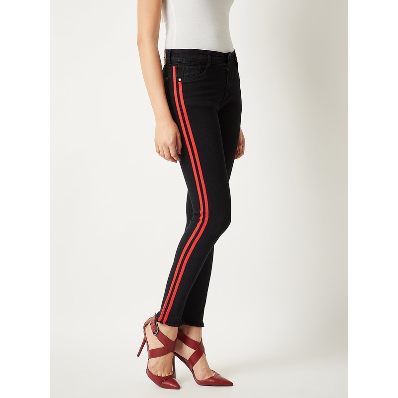 Women’s Black Slim-Fit High-Rise twill Tape Detailing Stretchable Denim Jeans 26 Black