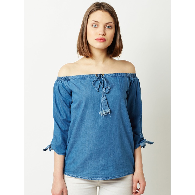 Women’s Blue Off-shoulder 3/4 Sleeve Cotton Solid Denim Bardot Top XS Blue