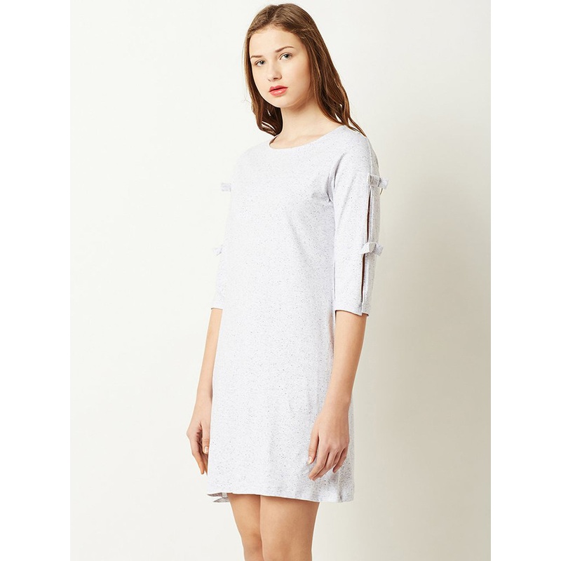 Women’s Grey Round Neck Slit 3/4 Sleeve Solid Mini A-Line Dress XS Grey