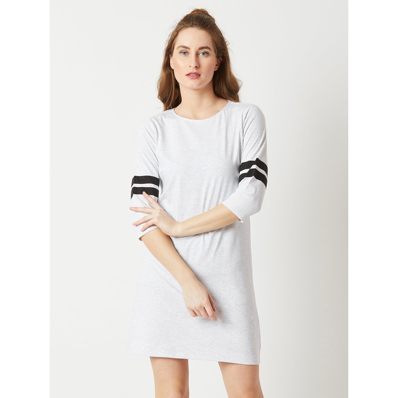 Women’s Light Grey Round Neck Full Sleeve Cotton Solid Knee-Long Shift Dress XS Light Grey and Black