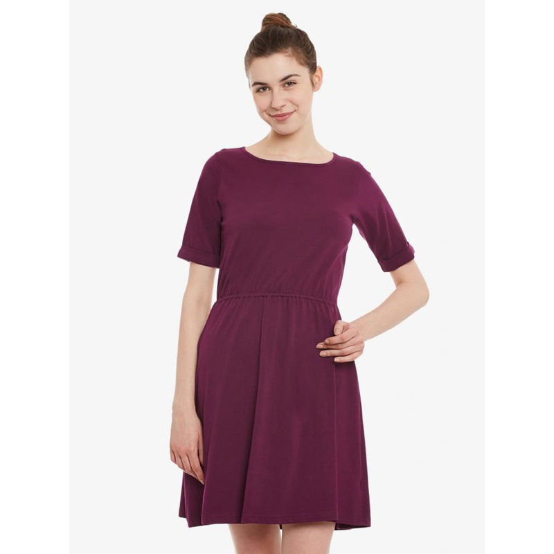 Women’s Magenta Solid Round Neck Half Sleeves Knee-Long Skater Dress XS Magenta