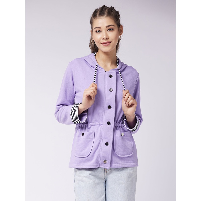 Women’s Multicolored-Base-Lavender Hooded Full Sleeve Solid Waist Tie-Up Regular Jacket XS Multicolored-Base-Lavender