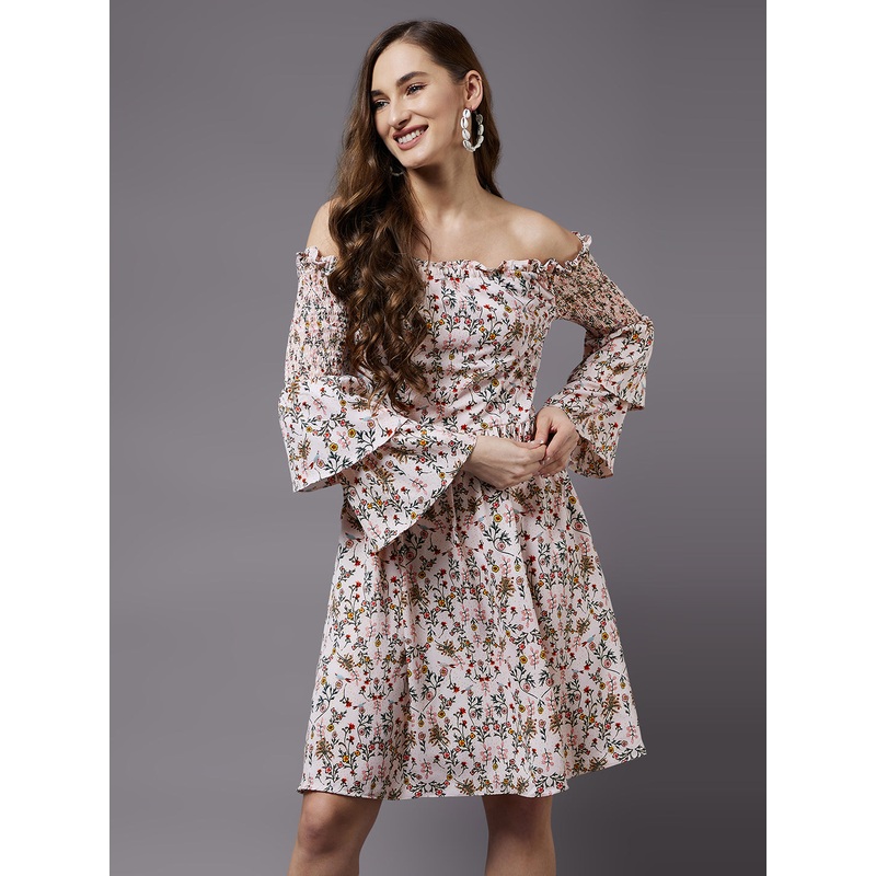 Women’s Multicolored-Base-Peach Off-Shoulder 3/4 Sleeve Floral Bardot MiniDress XS Multicolored
