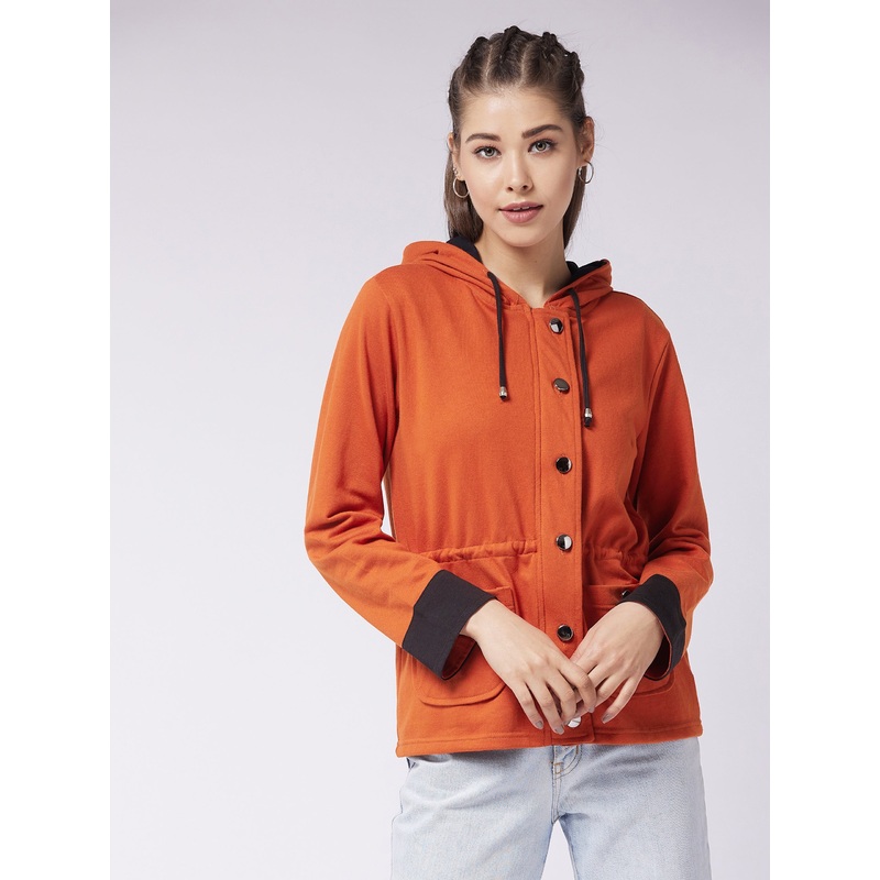 Women’s Multicolored-Base-Rust Hooded Full Sleeve Solid Waist Tie-Up Regular Jacket XS Multicolored-Base-Rust