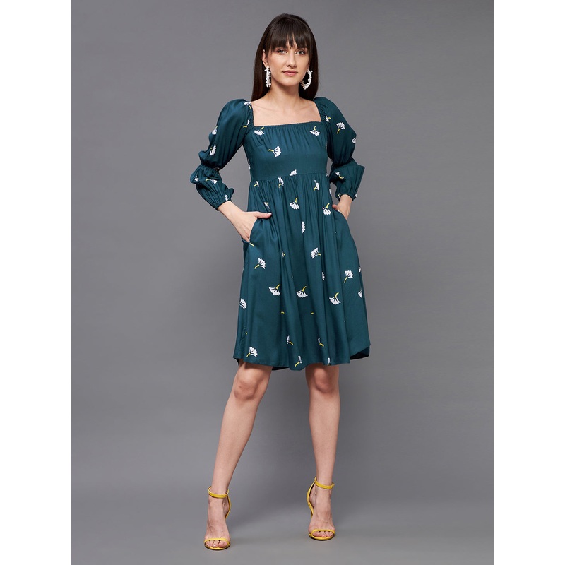 Women’s Multicolored-Base-Teal Square  Bishop Sleeve Viscose Rayon Floral Gathered Above Knee Dress XS Teal