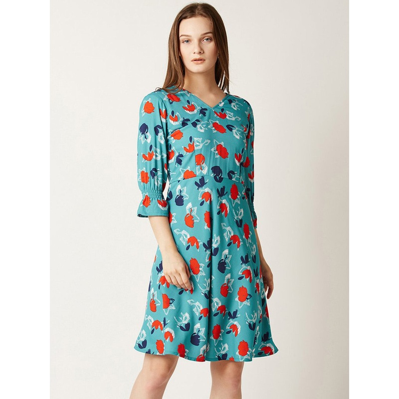 Women’s Multicolored V-Neck 3/4 Sleeve Mini Ruffled Floral Skater Dress XS Multicolor Base-Turquoise Blue