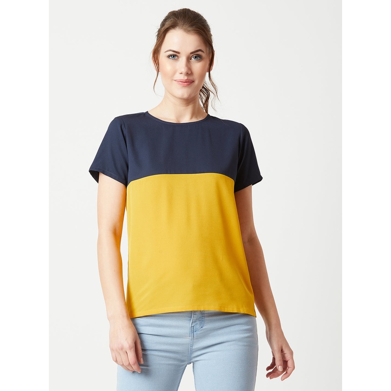 Women’s Multicolored With A Navy Blue Base Round Neck Short Sleeve Solid Color block Boxy Top XS Multicolor-Base Navy Blue