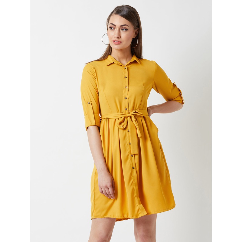 Women’s Mustard Collared Round Neck Full Sleeve Solid Belted Buttoned Knee-Long Shirt Dress XS Mustard Yellow