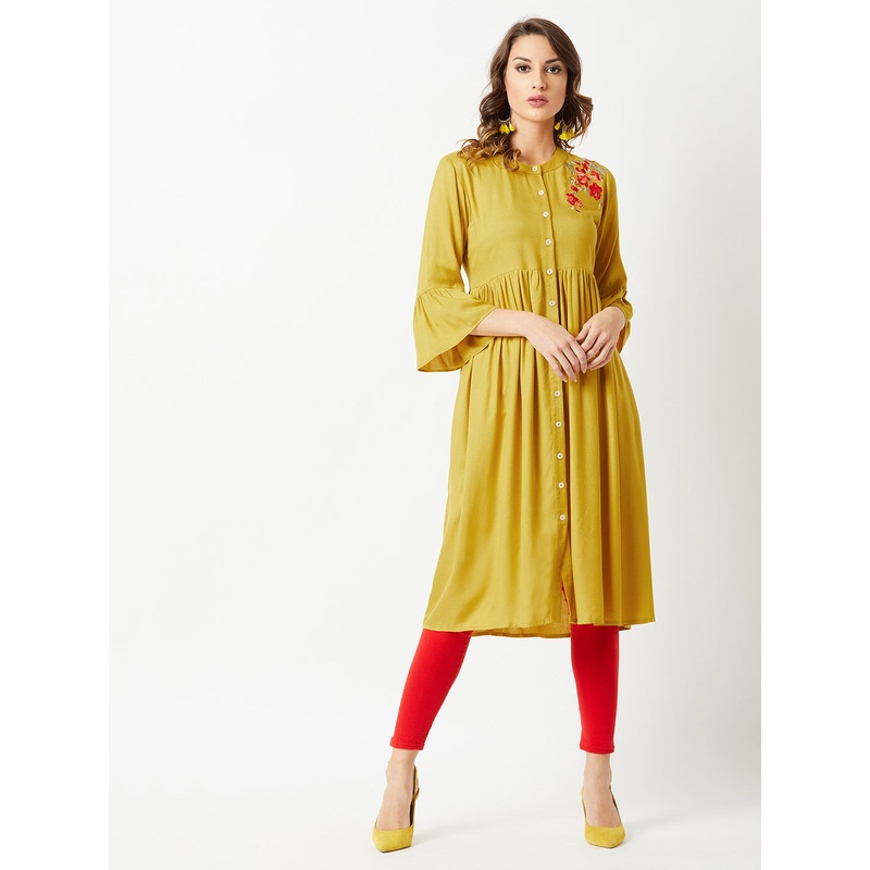 Women’s Mustard Round Neck 3/4th Sleeve Solid Embroidered Gathered Midi Dress XS Mustard