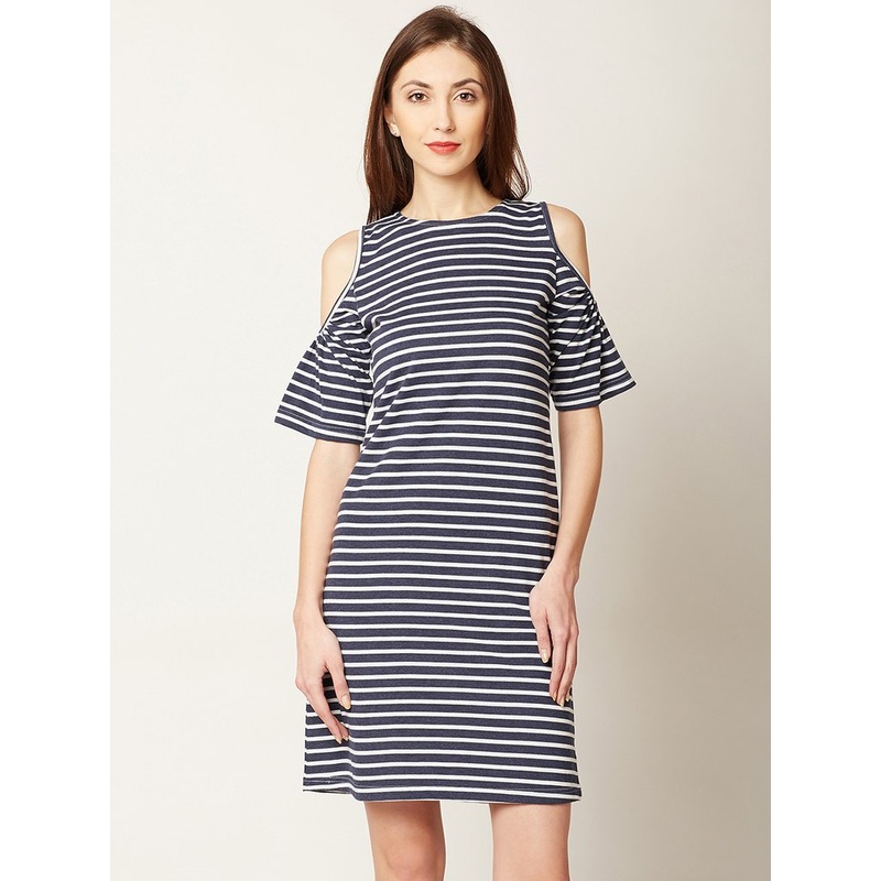 Women’s Navy Blue and White Round Neck Half Sleeve Striped Mini Cold Shoulder Dress XS Navy Blue And White
