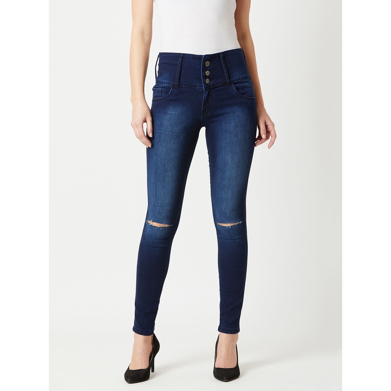 Women’s Navy-Blue Skinny-Fit High-Rise Double Knee-Slit Stretchable High-Rise Denim Jeans 26 Navy Blue