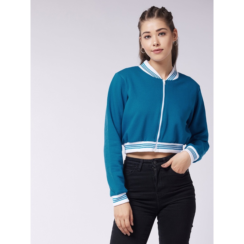 Women’s Teal V-Neck Full Sleeve Solid Crop/Bomber Crop Jacket XS Teal
