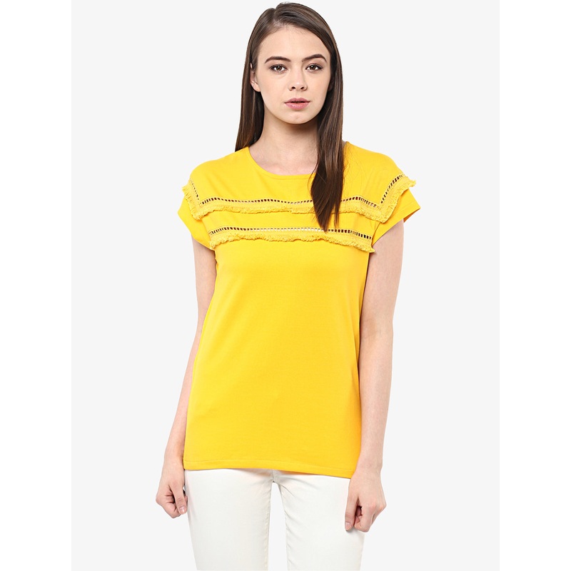 Women’s Yellow Continuous Sleeve Round Neck Solid Paneled Top XS Yellow