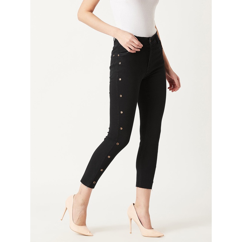 24/7 Comfort Black Slim-Fit Cropped-Length Eyelet Detailing High-Rise Denim Jeans 26 Black