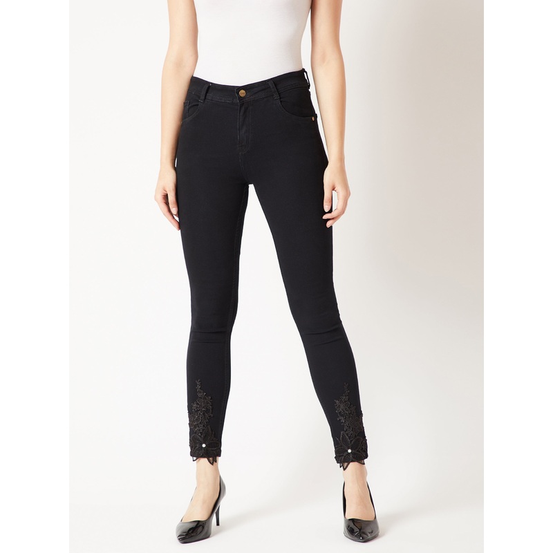 24/7 Comfort Black Slim-Fit Mid-Rise Cropped Embellished Stretchable Denim Jeans 26 Black
