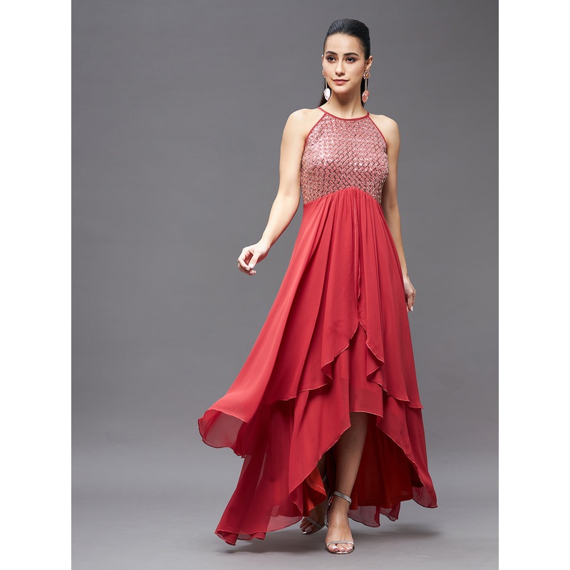 Brick Red Halter Neck Sequinned Layered Fit and Flare Gown for Women XS Brick Red