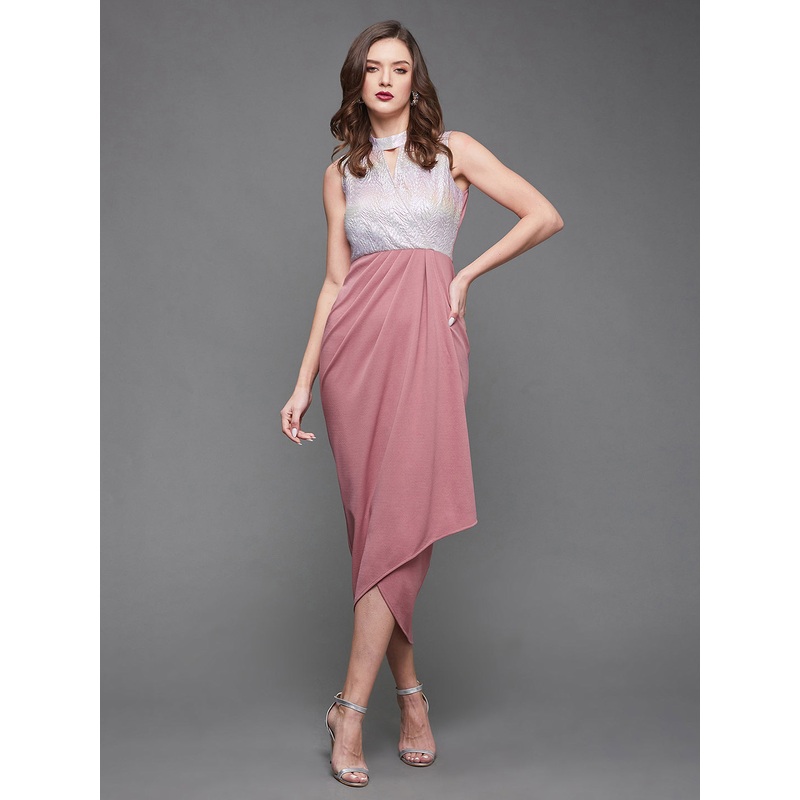 Crease Ease Women’s Dusty Pink Halter-Neck Sleeveless Self Designed Draped Polyester Midi Dress XS Dusty Pink