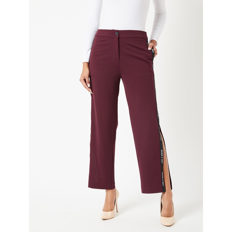 Crease Ease Women’s Wine Red Solid Wide-Leg Regular Length Side Slitted Trousers XS Maroon
