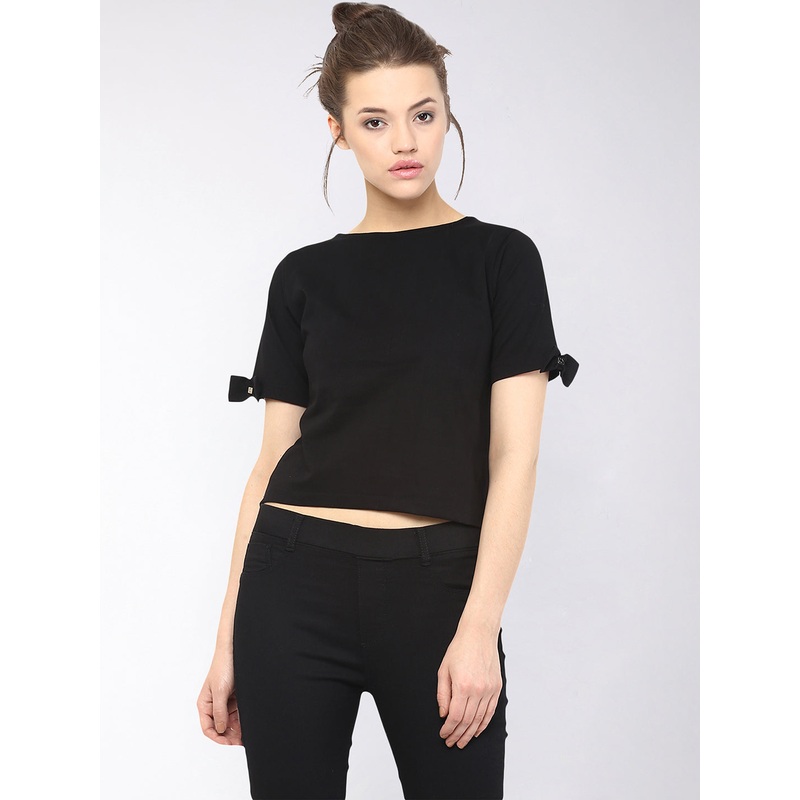 Women’s Black Round Neck Half Sleeves Solid Basic Crop Top XS Black