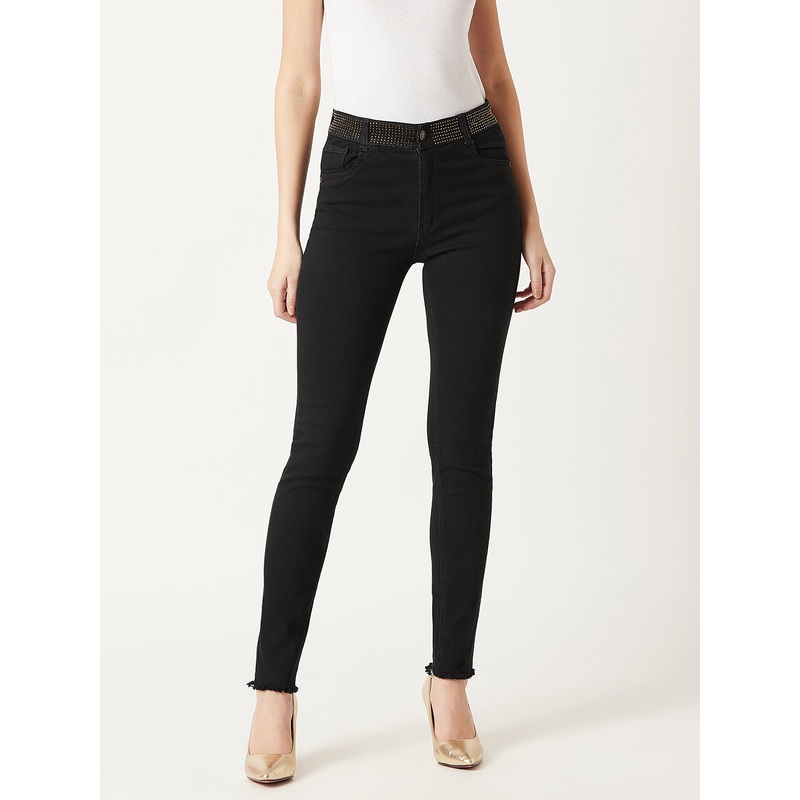 Women’s Black Slim-Fit Embellished Raw Edge Detailing Waistband High-Rise Denim Jeans 26 Black