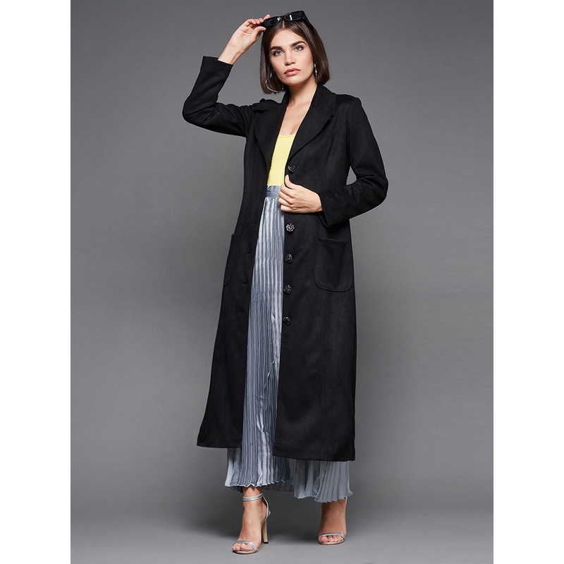 Women’s Black Solid V-Neck Full Sleeves Winter Patched Pocketed Polyester Button Down Longline Winter Wear Blazer Jacket XS Black