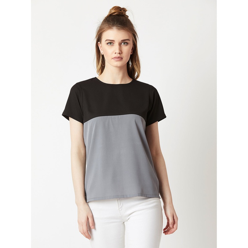 Women’s Black & Steel Grey Round Neck Short Sleeve Solid Color Block Boxy Top XS Black and Steel Grey