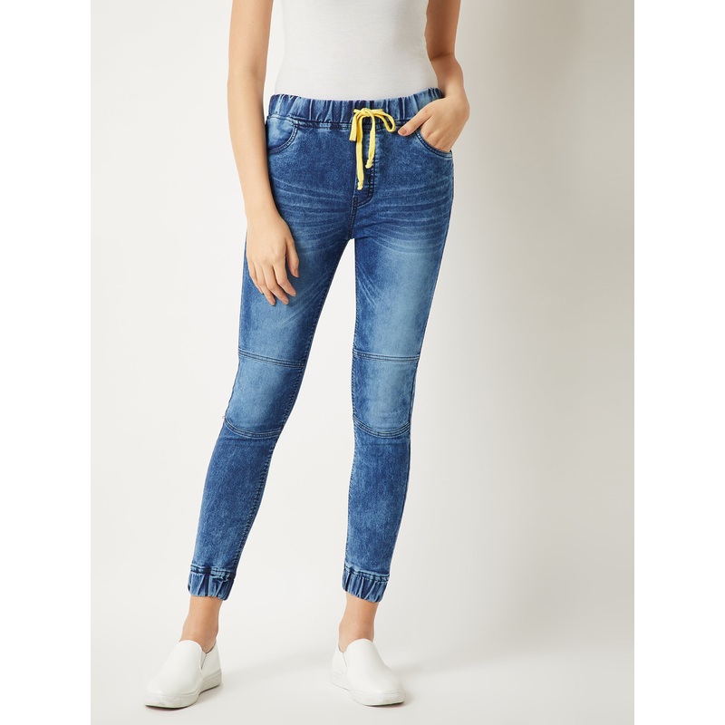 Women’s Blue Relaxed Fit Mid Rise Clean-Look Regular Length Denim Joggers 26 Blue