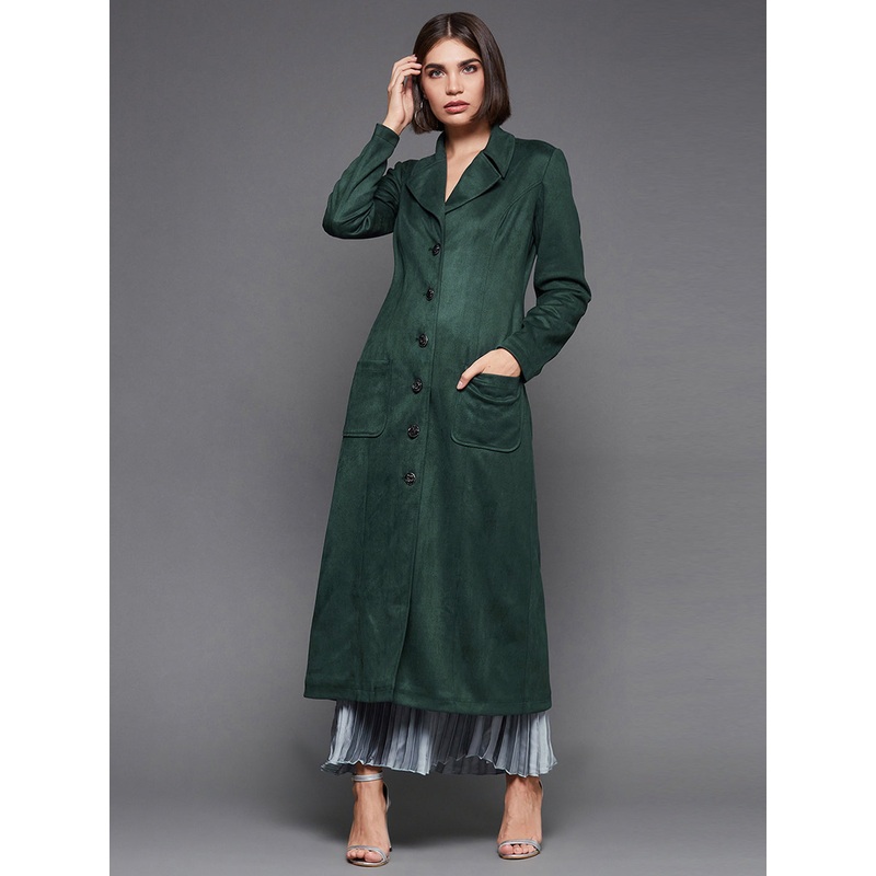 Women’s Dark Green Solid V-Neck Full Sleeves Patched Pocketed Polyester Button Down Longline Winter Wear Blazer Jacket XS Green