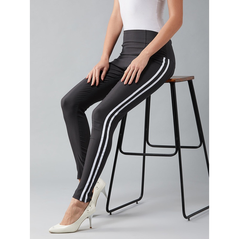 Women’s Dark Grey Solid Knitted Skinny Twill Tape Detailing High-Waist Regular Length Treggings XS Dark Grey